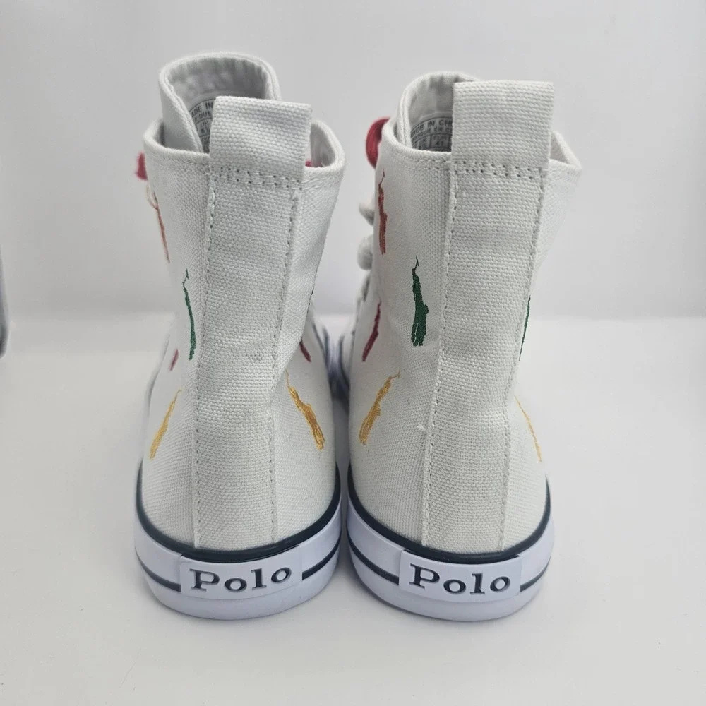 Polo Ralph Lauren Boys Sz 6.5 Hamptyn II White Multicolor Canvas HighTop Sneaker